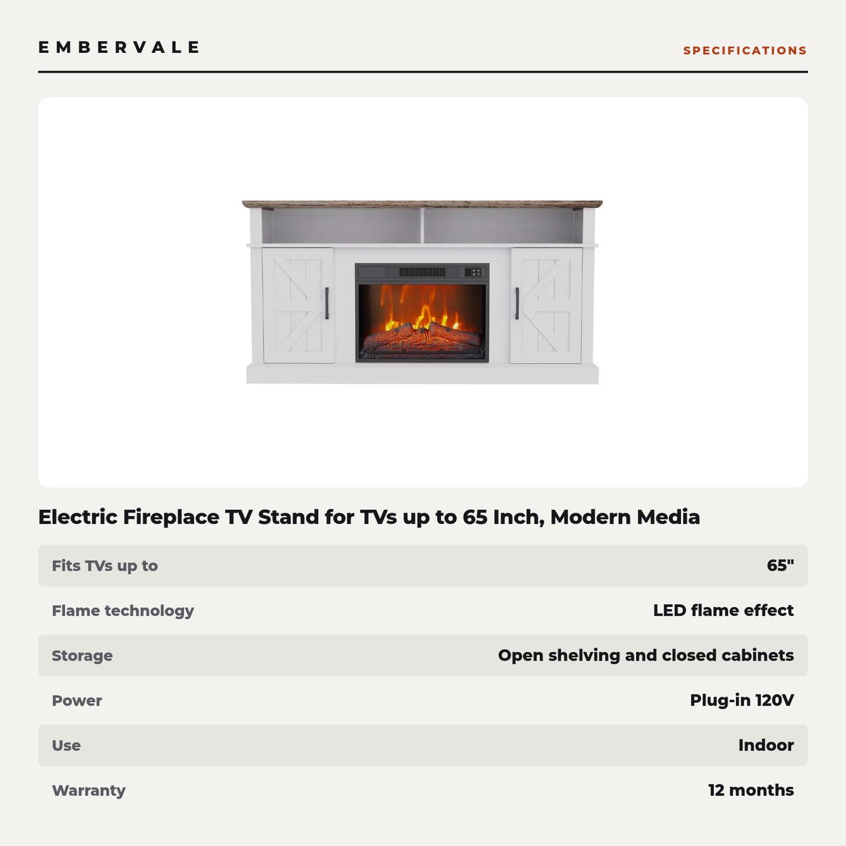 Electric Fireplace TV Stand for TVs up to 65 Inch, Modern Media Console Entertainment — specifications