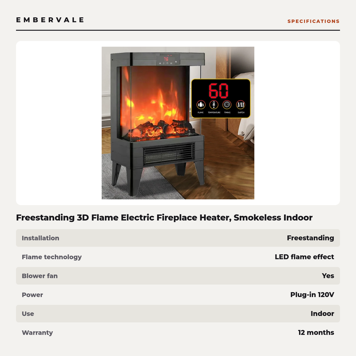 Freestanding 3D Flame Electric Fireplace Heater, Smokeless Indoor Fireplace Stove — specifications