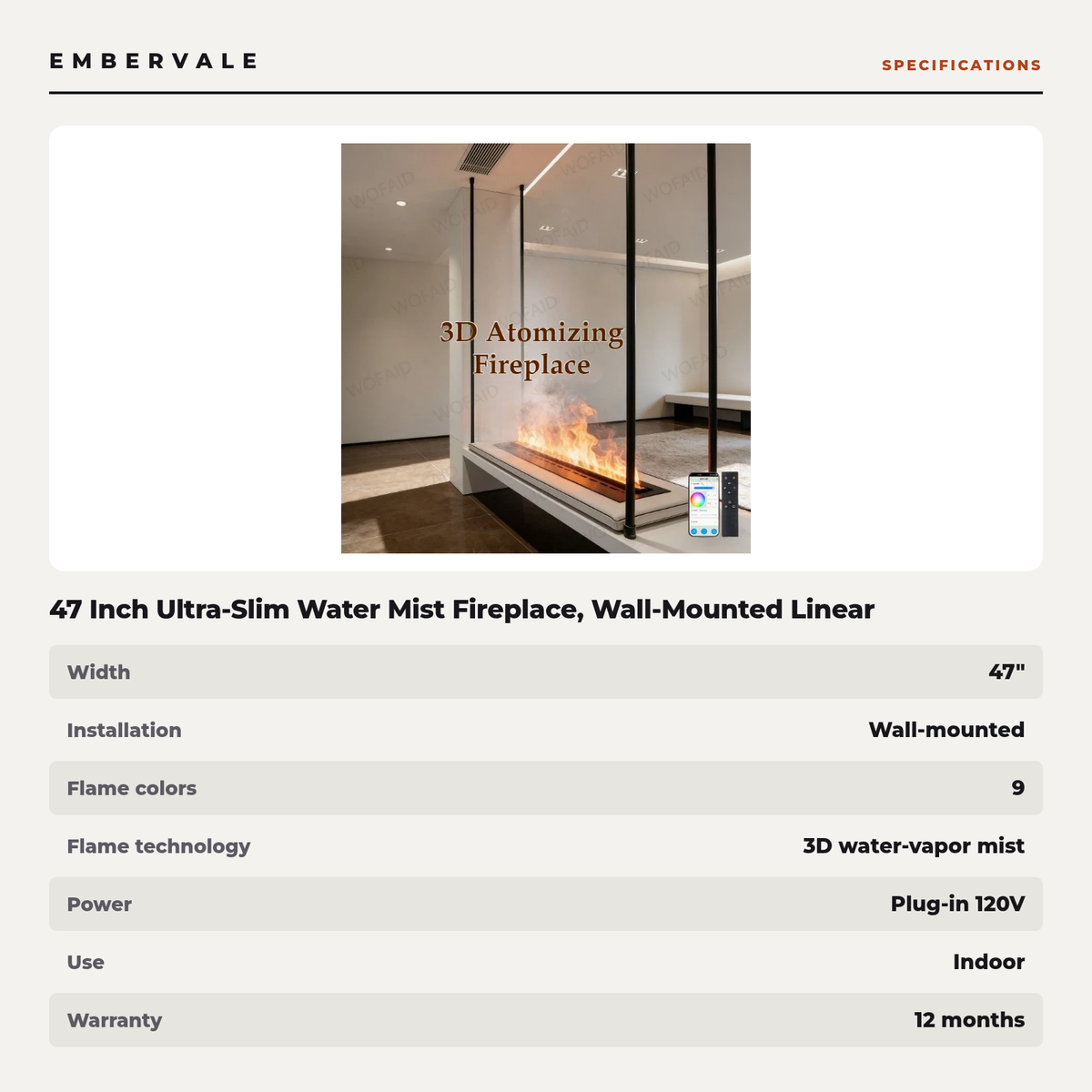 47 Inch Ultra-Slim Water Mist Fireplace, Wall-Mounted Linear Vapor Electric Fireplace — specifications