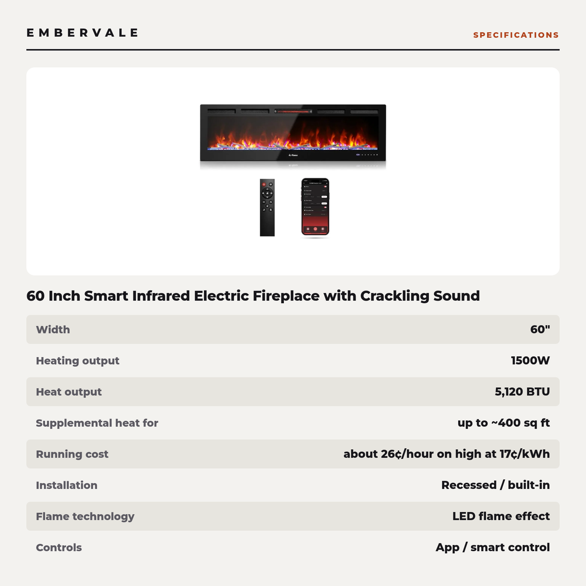 60 Inch Smart Infrared Electric Fireplace with Crackling Sound, WiFi Recessed Fireplace — specifications