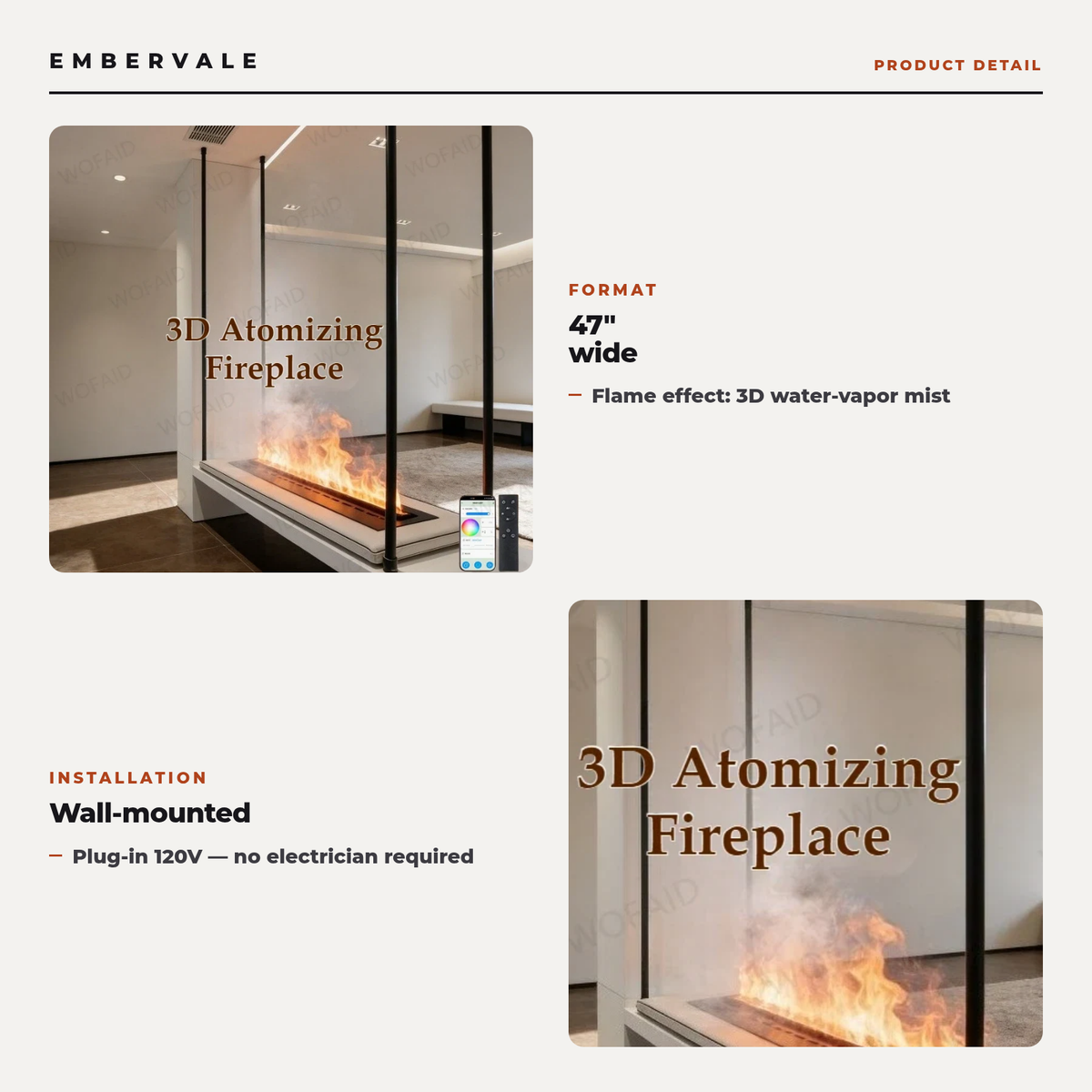 47 Inch Ultra-Slim Water Mist Fireplace, Wall-Mounted Linear Vapor Electric Fireplace — key features