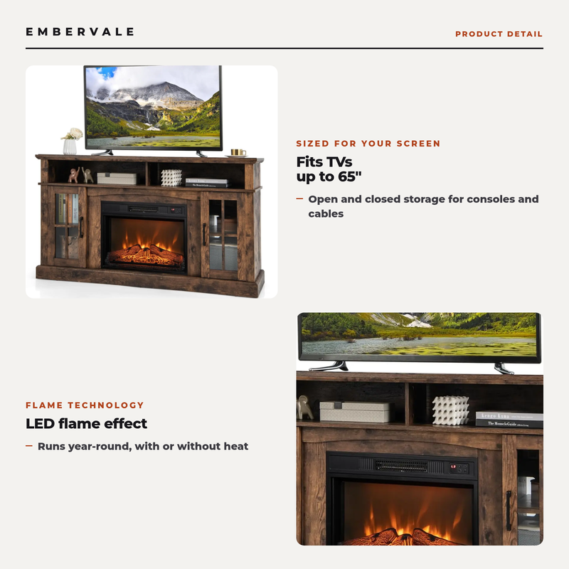 TV Stand for TVs Up to 65 Inch, Electric Fireplace TV Console w/Remote Control, Overheat — key features