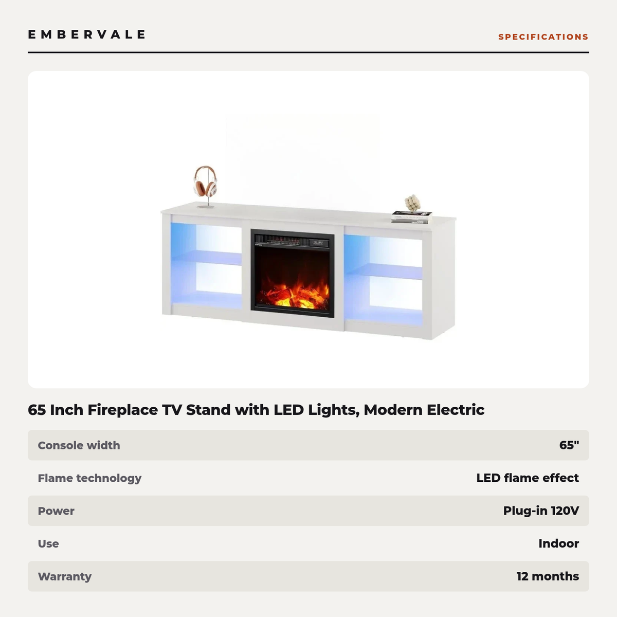 65 Inch Fireplace TV Stand with LED Lights, Modern Electric Fireplace TV Console — specifications