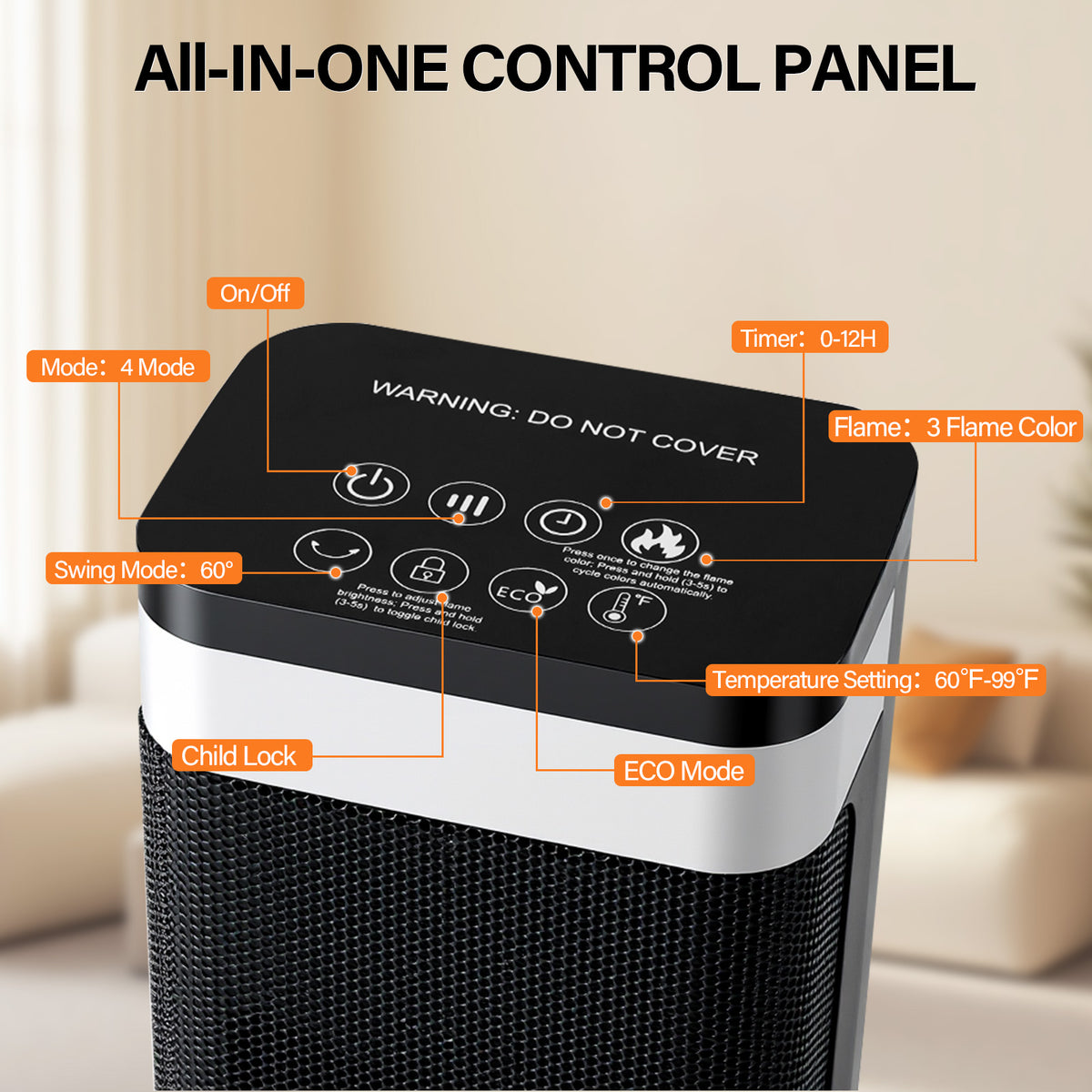 Tower heater control panel
