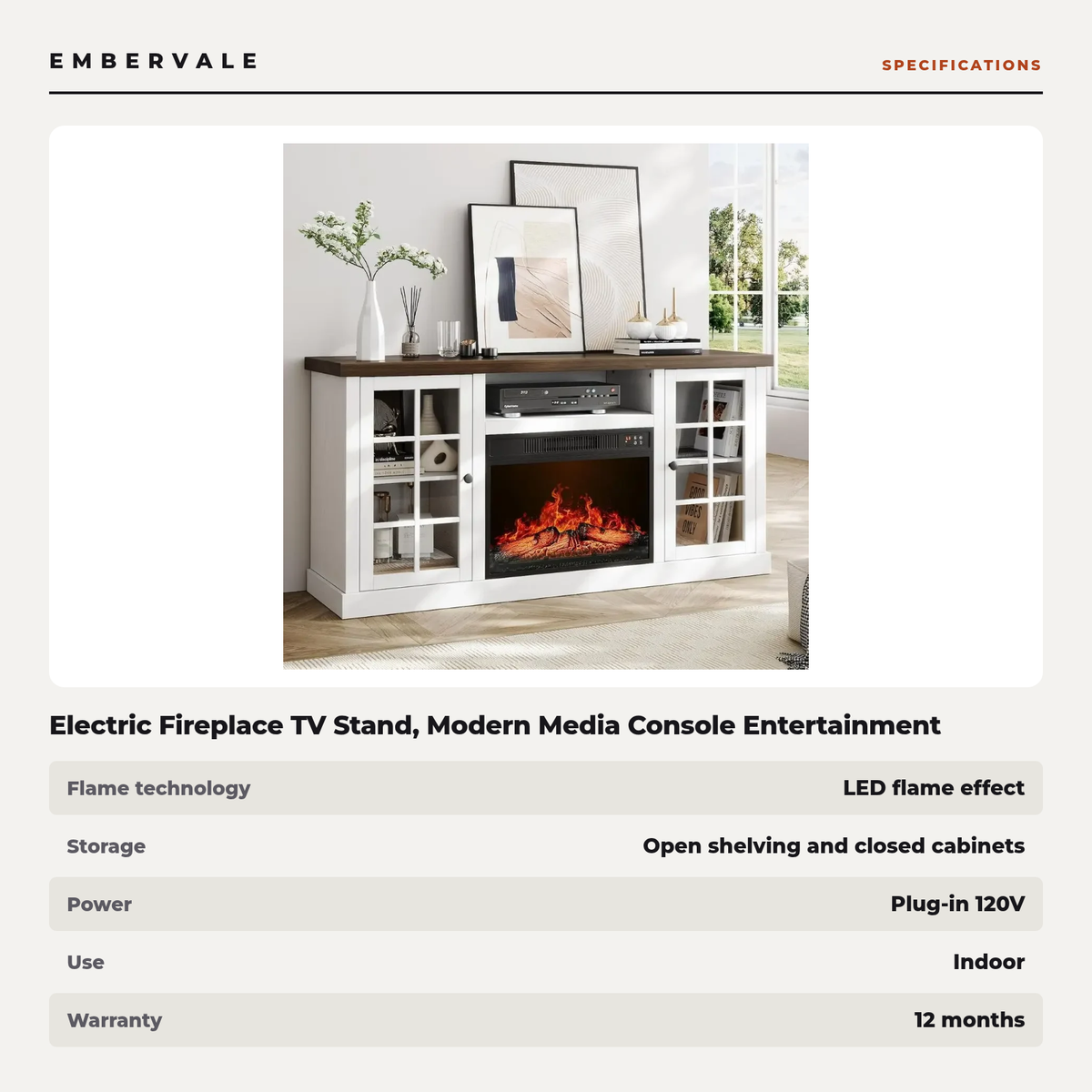 Electric Fireplace TV Stand, Modern Media Console Entertainment Center, Storage Cabinets — specifications