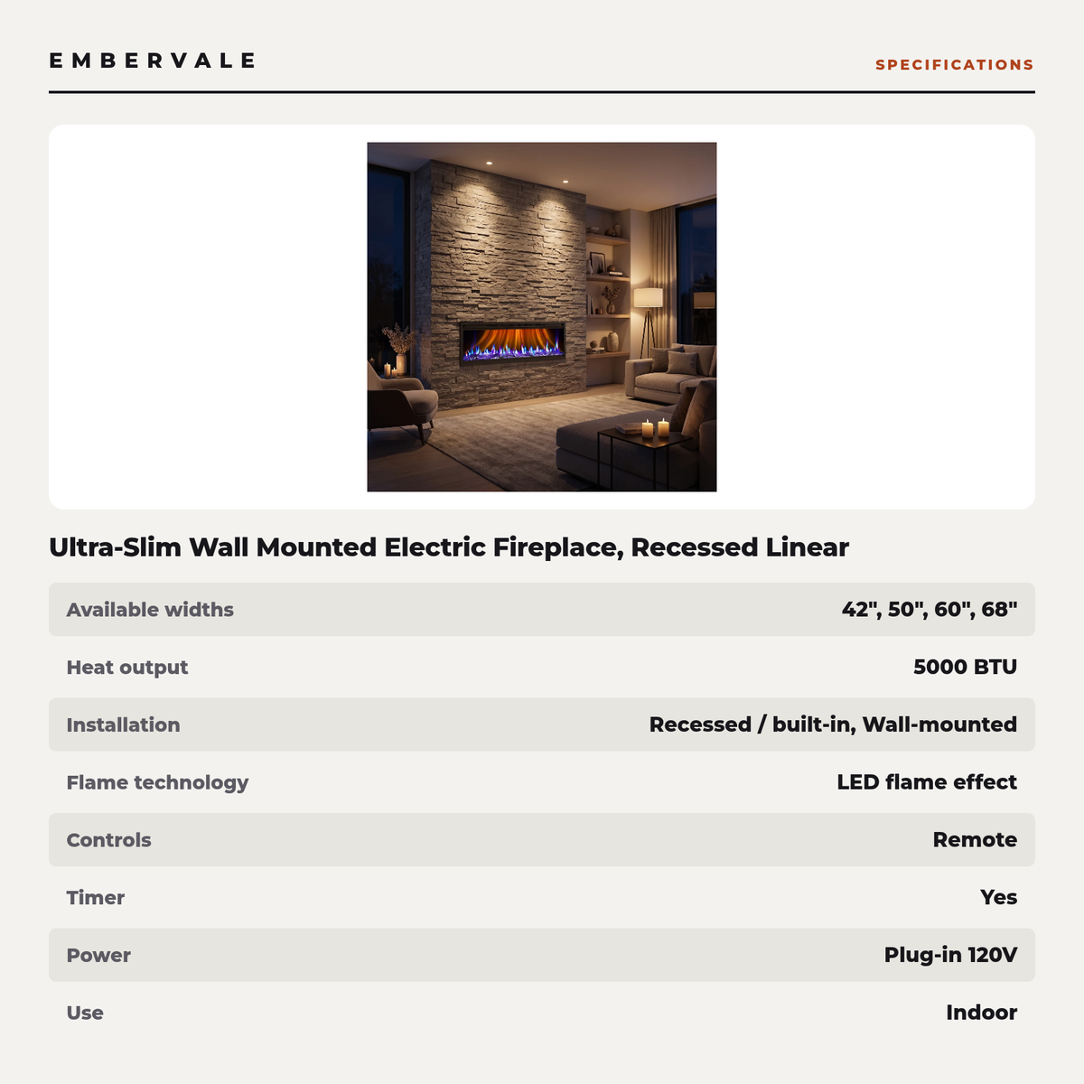 Ultra-Slim Wall Mounted Electric Fireplace, Recessed Linear Fireplace Heater 5000 BTU — specifications