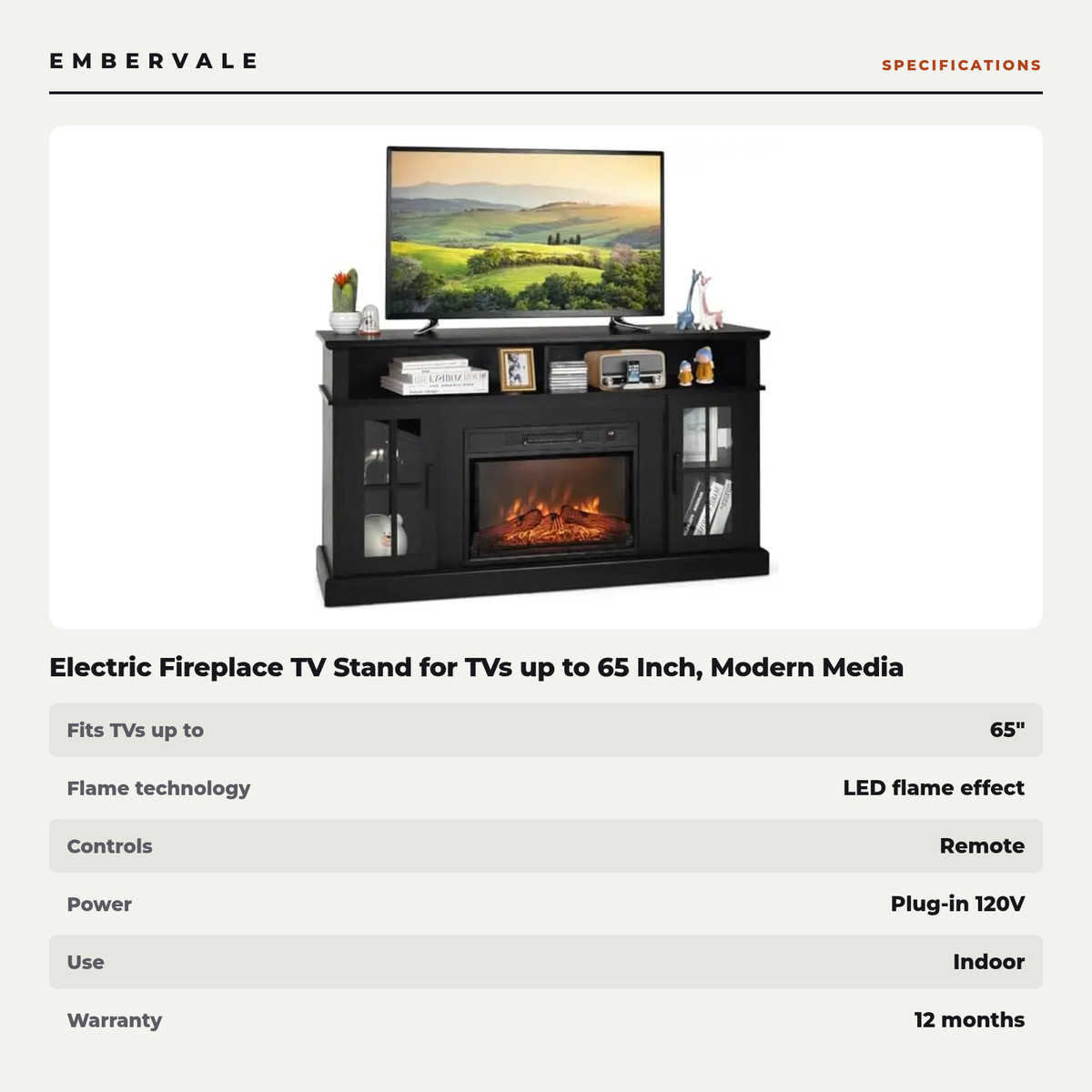 Electric Fireplace TV Stand for TVs up to 65 Inch, Modern Media Console Entertainment — specifications