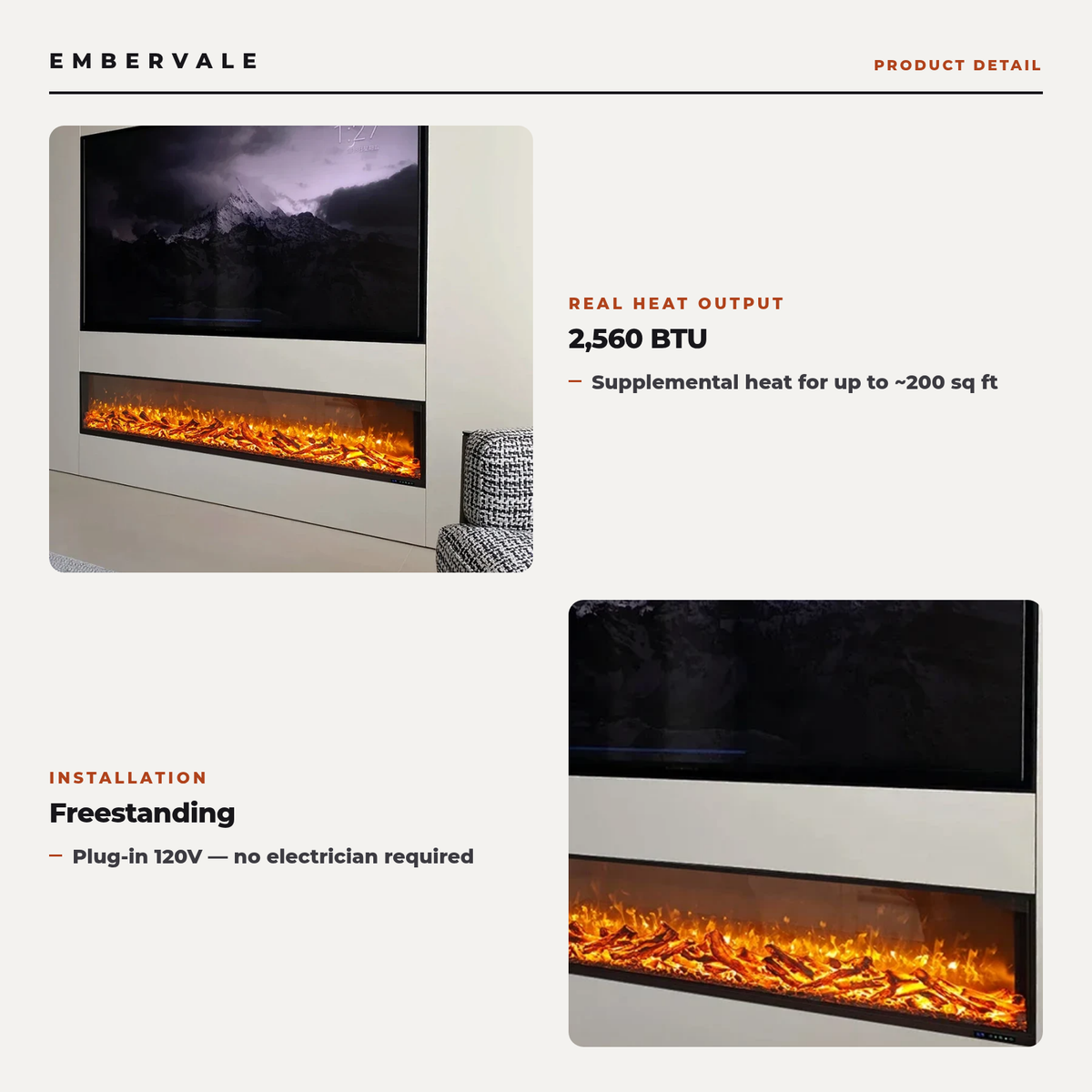 750W Freestanding Linear Electric Fireplace with Adjustable Flame Brightness, Crystal — key features