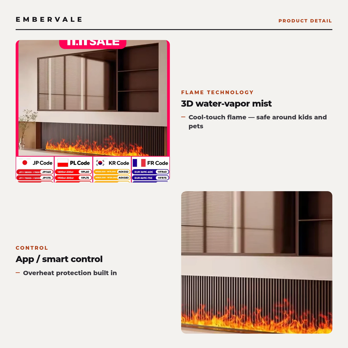 Smart Atomizing Vapor Fireplace with App Control, Multi-Color 3D Mist Flame Electric — key features