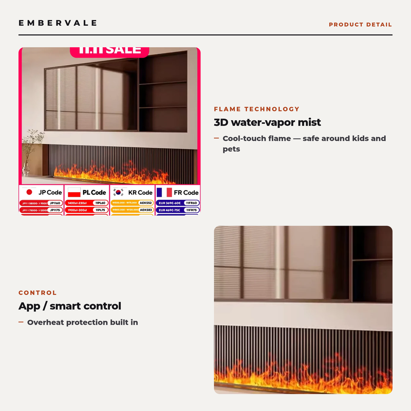 Smart Atomizing Vapor Fireplace with App Control, Multi-Color 3D Mist Flame Electric — key features