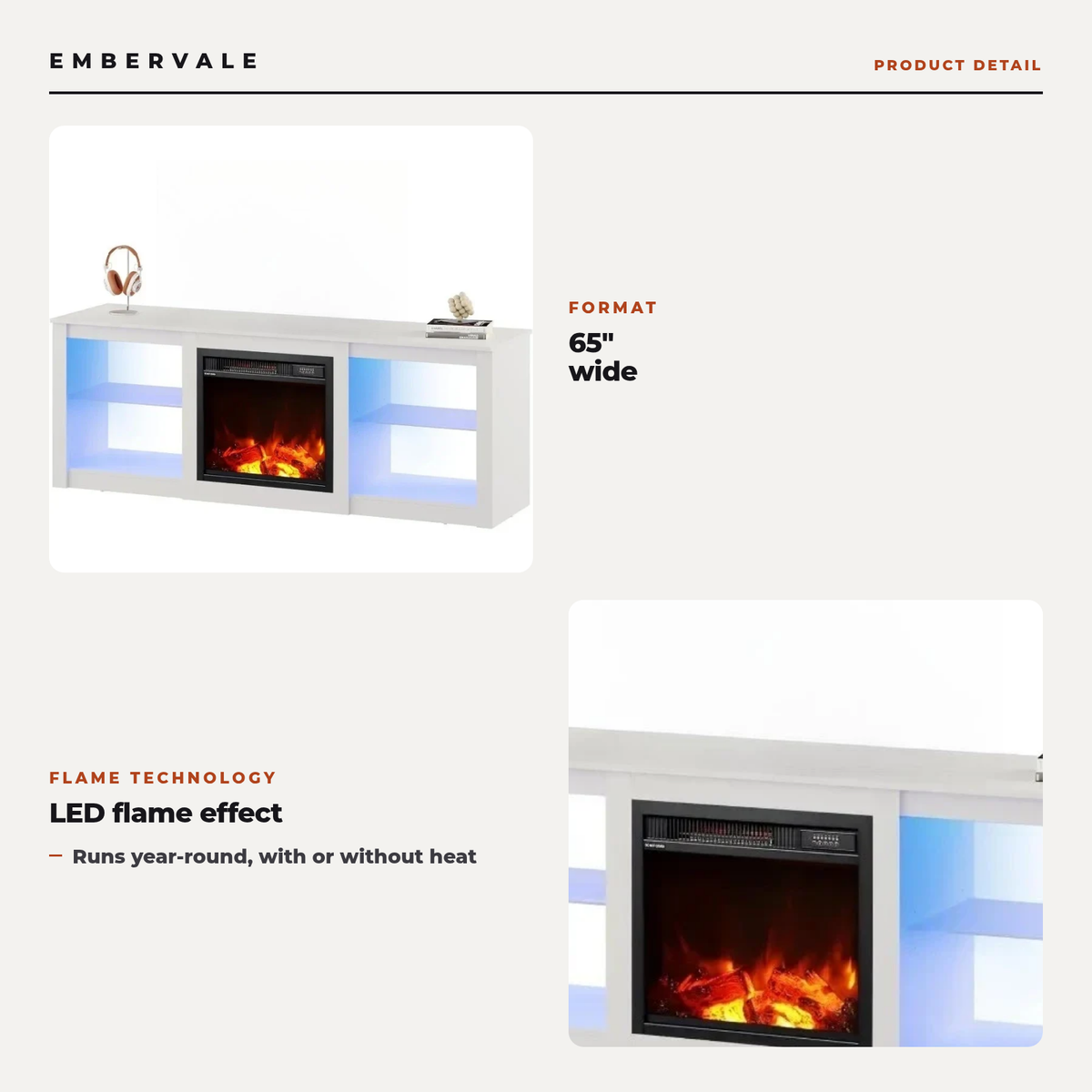 65 Inch Fireplace TV Stand with LED Lights, Modern Electric Fireplace TV Console — key features