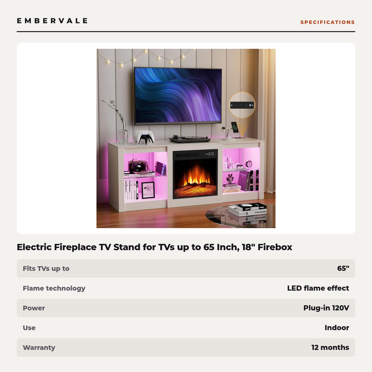 Electric Fireplace TV Stand for TVs up to 65 Inch, 18" Firebox, Modern Media Console — specifications