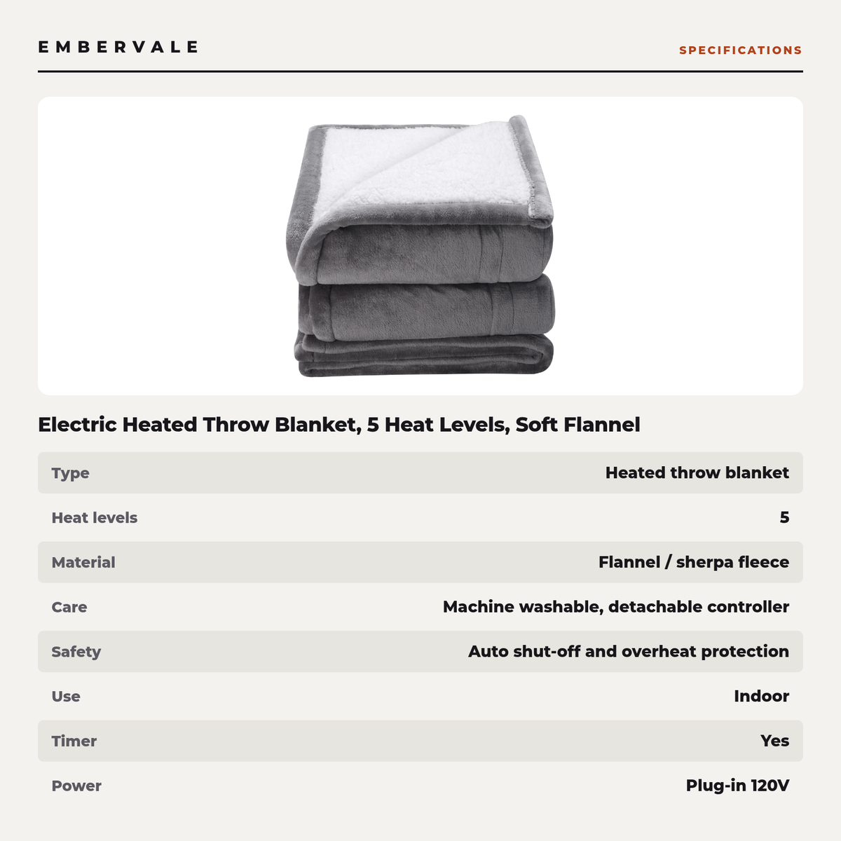 Electric Heated Throw Blanket, 5 Heat Levels, Soft Flannel Sherpa, Auto Shut-Off — specifications