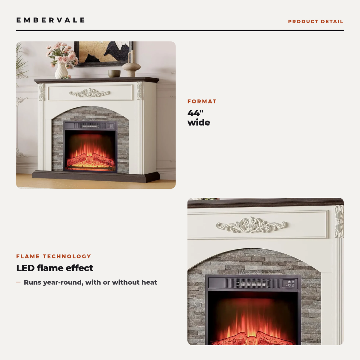44 Inch Electric Fireplace TV Stand with Mantel, Farmhouse Stacked Stone Surround, White — key features
