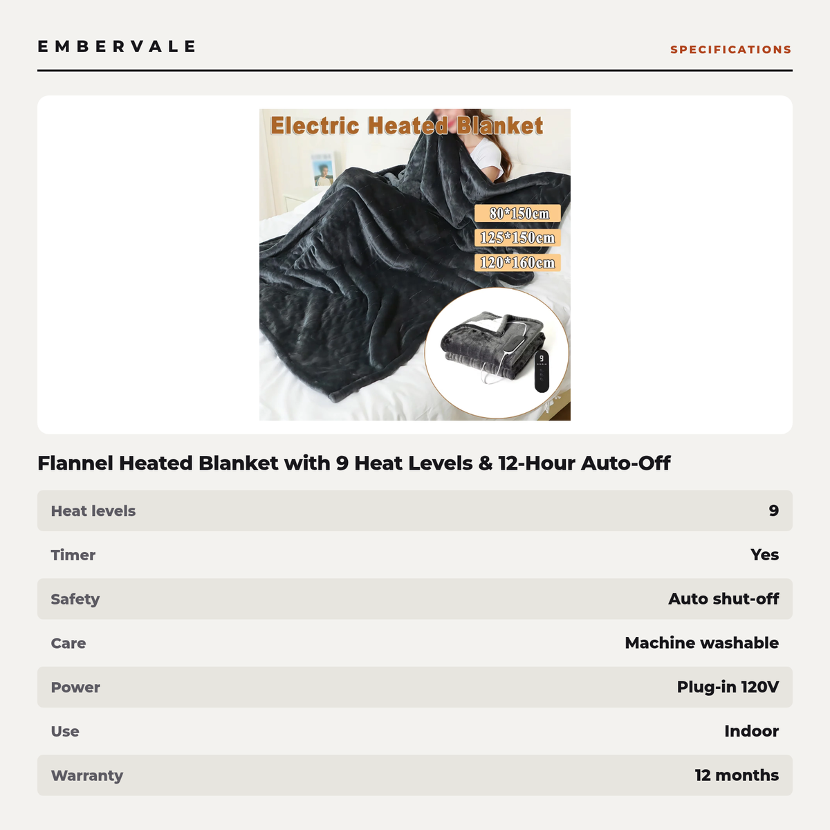 Flannel Heated Blanket with 9 Heat Levels & 12-Hour Auto-Off, 5-Second Fast Heating — specifications