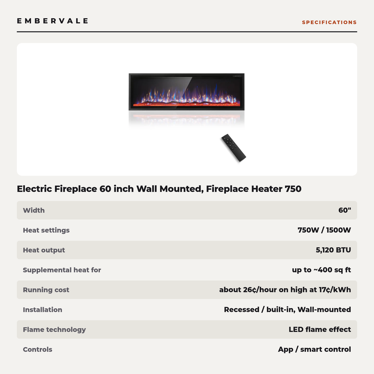 Electric Fireplace 60 inch Wall Mounted, Fireplace Heater 750 1500W Smart Heat — specifications