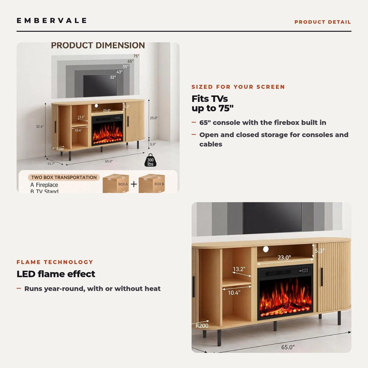 65 Inch Electric Fireplace TV Stand for TVs up to 75 Inch, Modern Media Console — key features