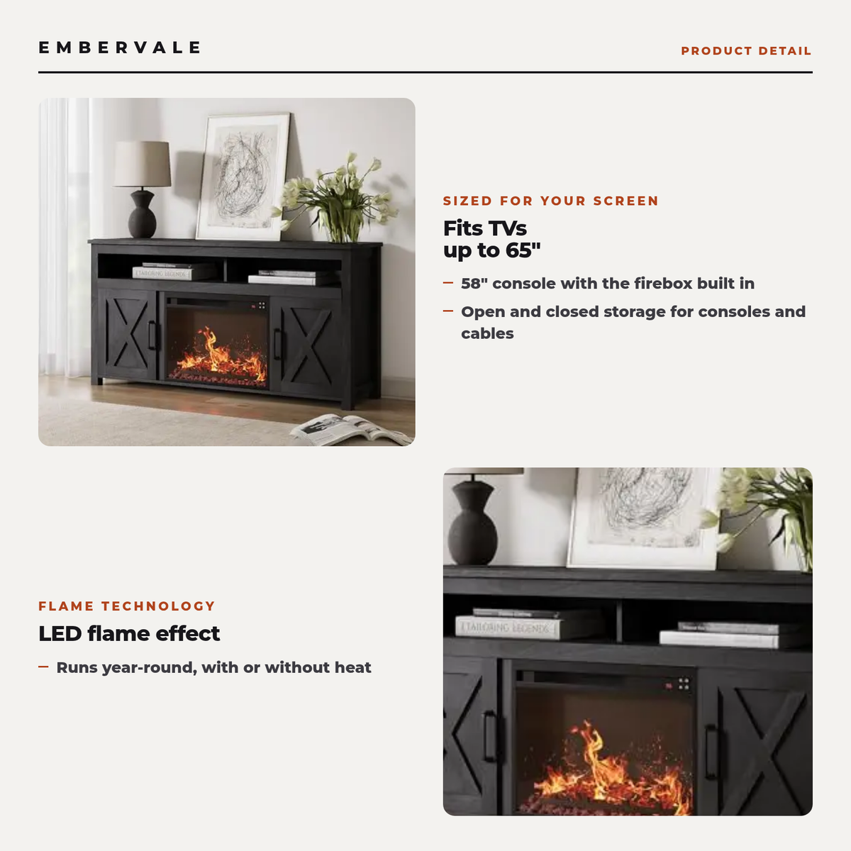 58 Inch Electric Fireplace TV Stand for TVs up to 65 Inch, Farmhouse Media Console — key features