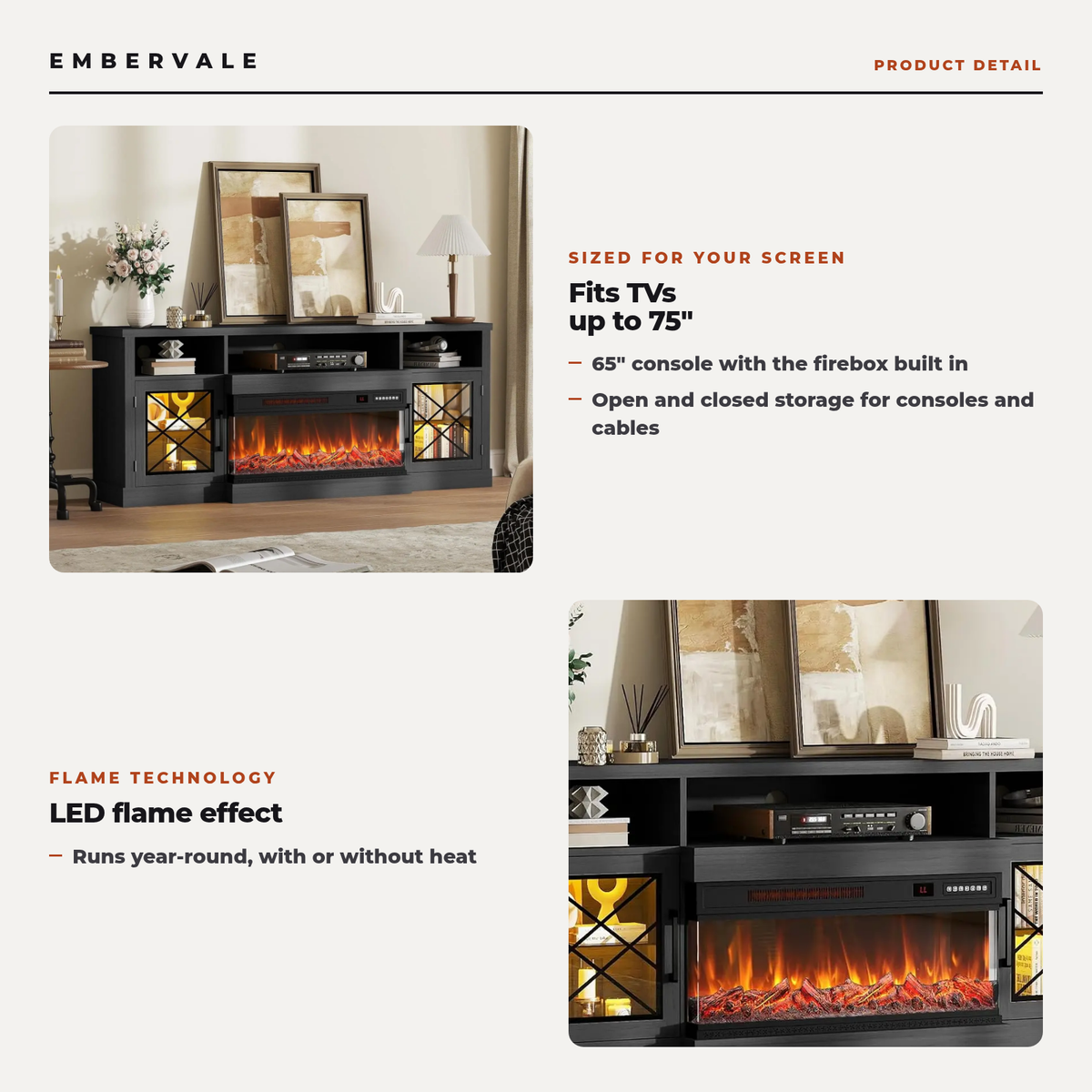 65 Inch Electric Fireplace TV Stand for TVs up to 75 Inch, 3-Sided Glass, Modern Media — key features