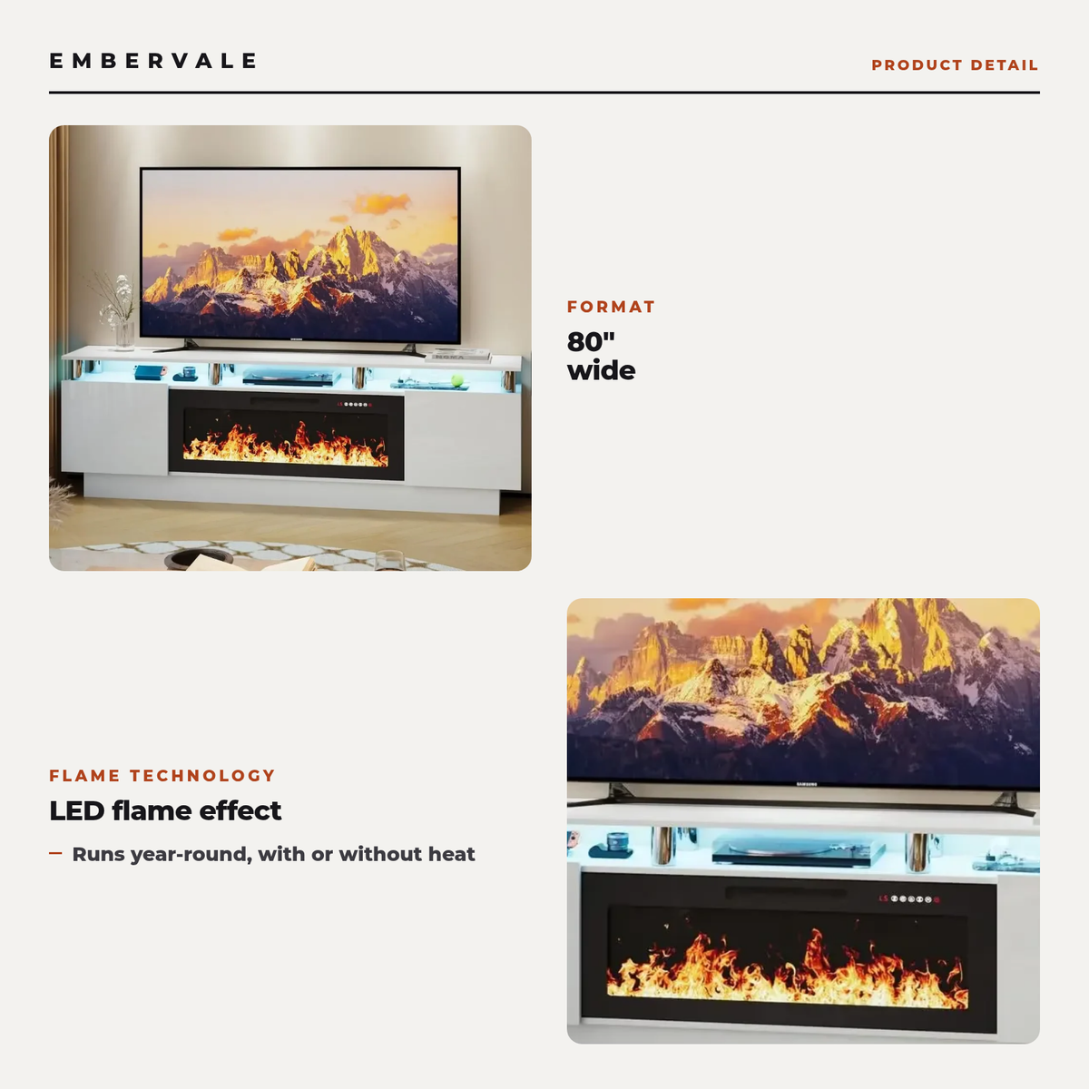 80 Inch Electric Fireplace TV Stand, Modern Media Console Entertainment Center — key features