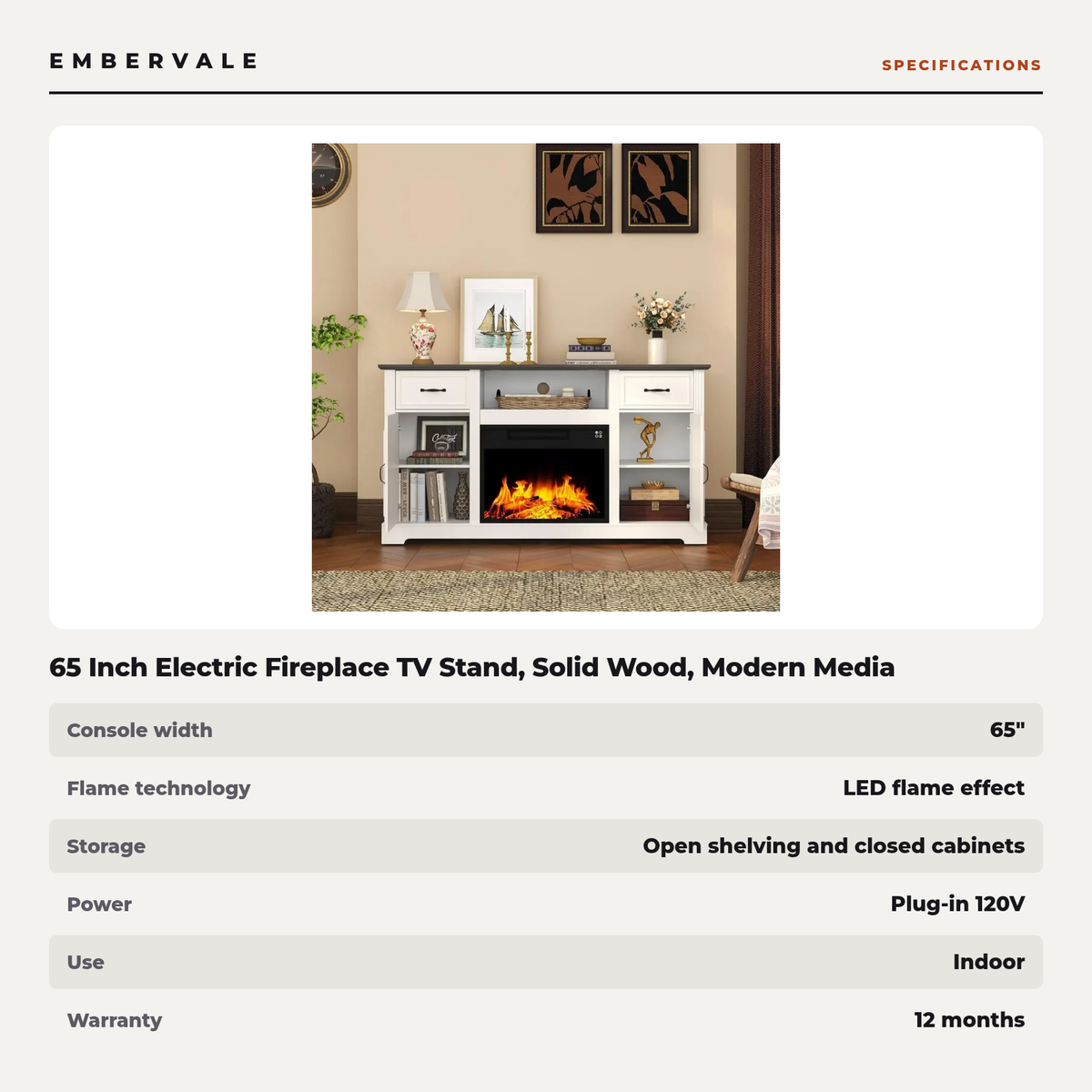65 Inch Electric Fireplace TV Stand, Solid Wood, Modern Media Console Entertainment — specifications