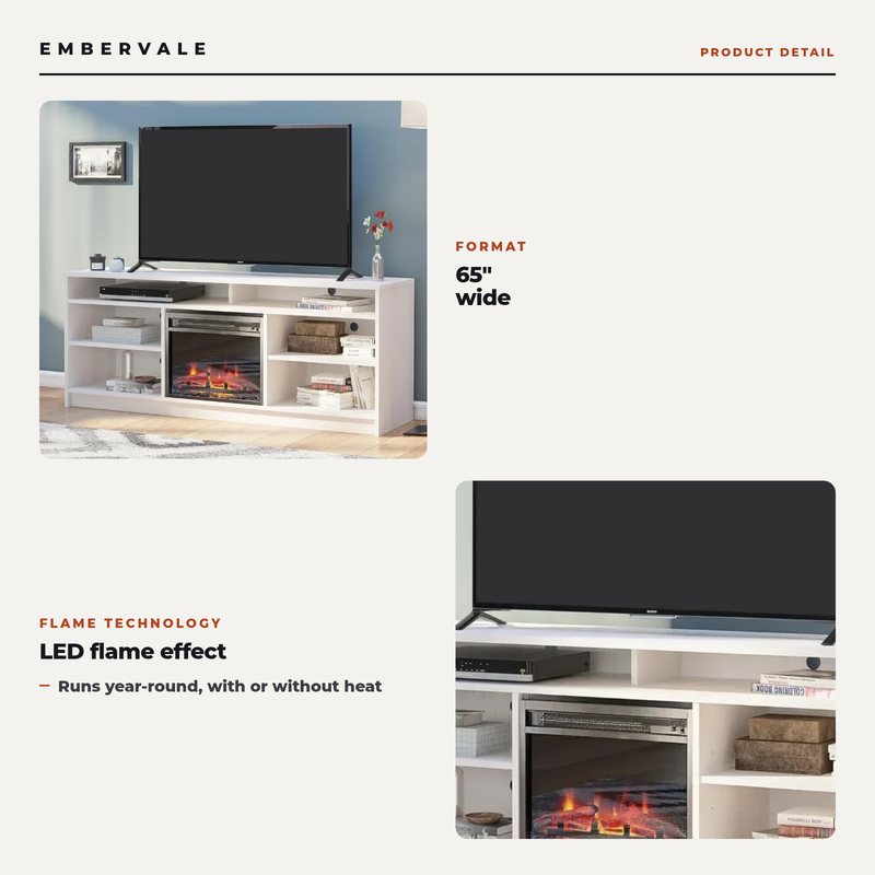 65 Inch Electric Fireplace TV Stand, Modern Media Console Entertainment Center, Storage — key features