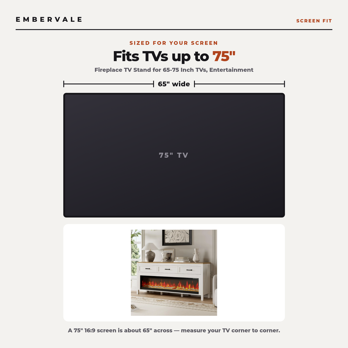 Fireplace TV Stand for 65-75 Inch TVs, Entertainment Center with Electric Fireplace — TV size fit diagram