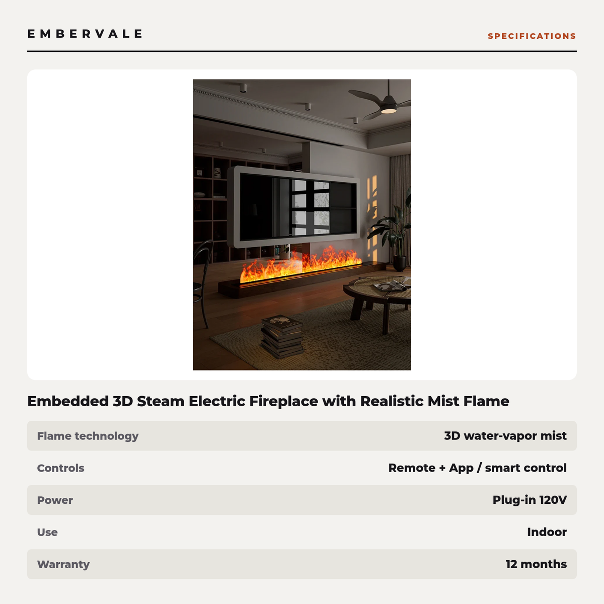 Embedded 3D Steam Electric Fireplace with Realistic Mist Flame Effect, App & Remote — specifications
