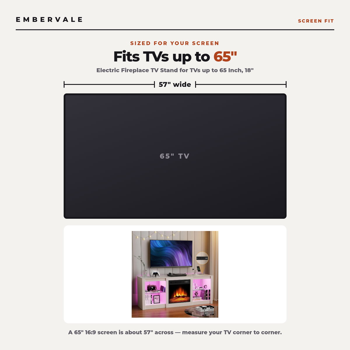 Electric Fireplace TV Stand for TVs up to 65 Inch, 18" Firebox, Modern Media Console — TV size fit diagram