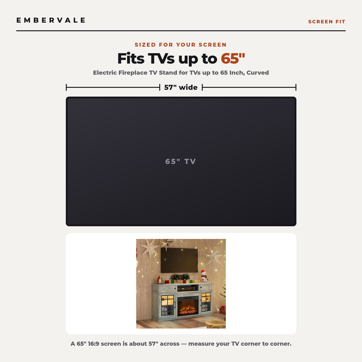 Electric Fireplace TV Stand for TVs up to 65 Inch, Curved Front, Modern Media Console — TV size fit diagram