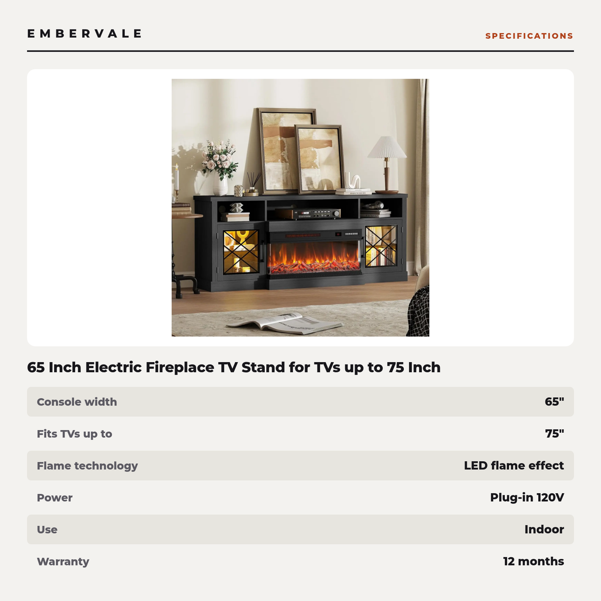 65 Inch Electric Fireplace TV Stand for TVs up to 75 Inch, 3-Sided Glass, Modern Media — specifications
