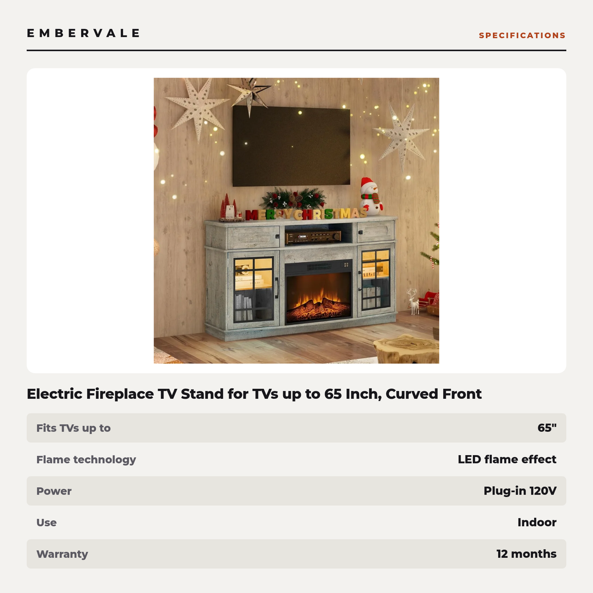 Electric Fireplace TV Stand for TVs up to 65 Inch, Curved Front, Modern Media Console — specifications