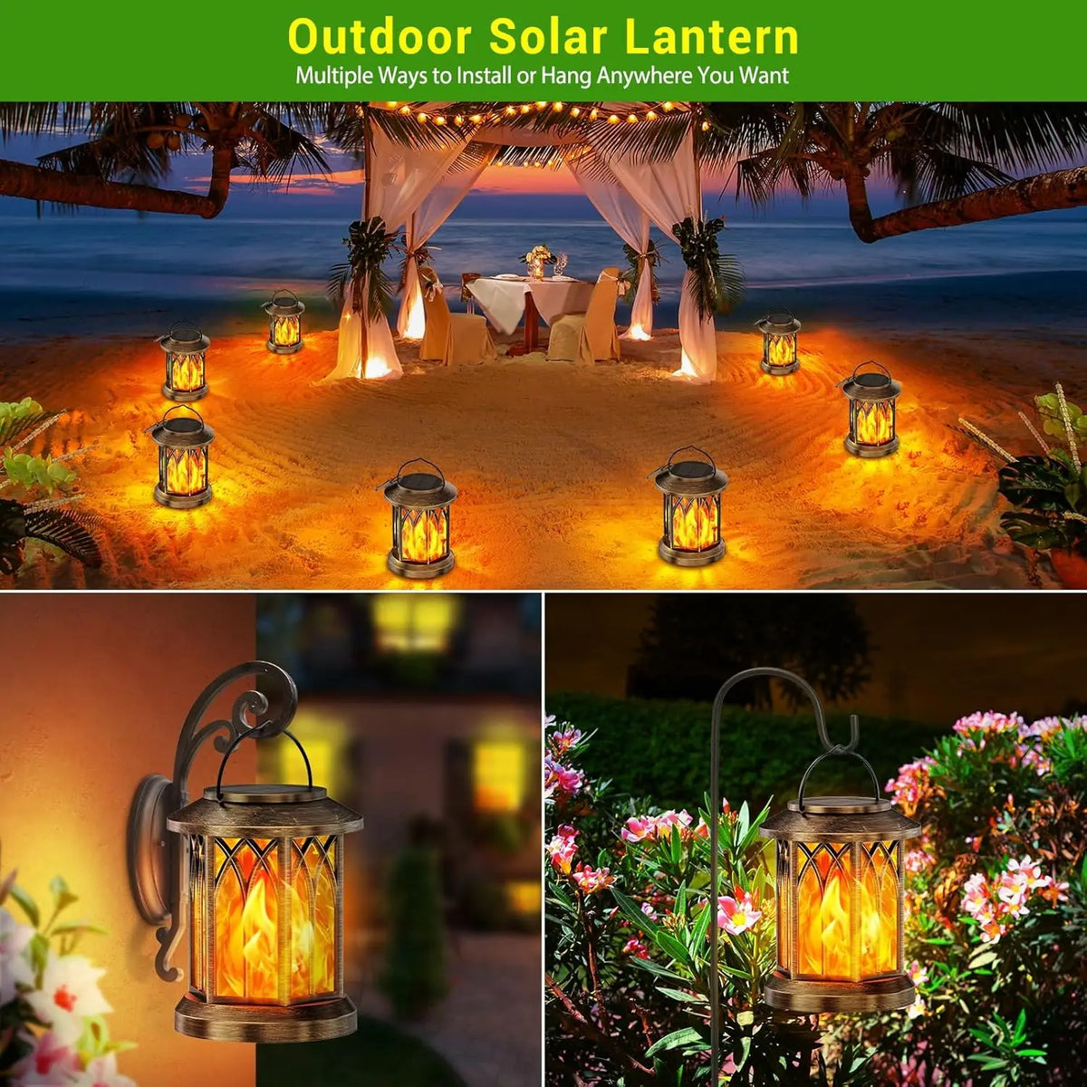 Solar flame lanterns glowing on sand, on a wall bracket and on a garden hook