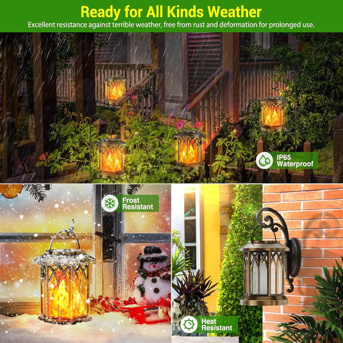 Bronze solar flame lanterns outdoors in rain and snow, rated IP65