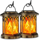 Two bronze solar flame-effect lanterns with hanging hooks and clamps