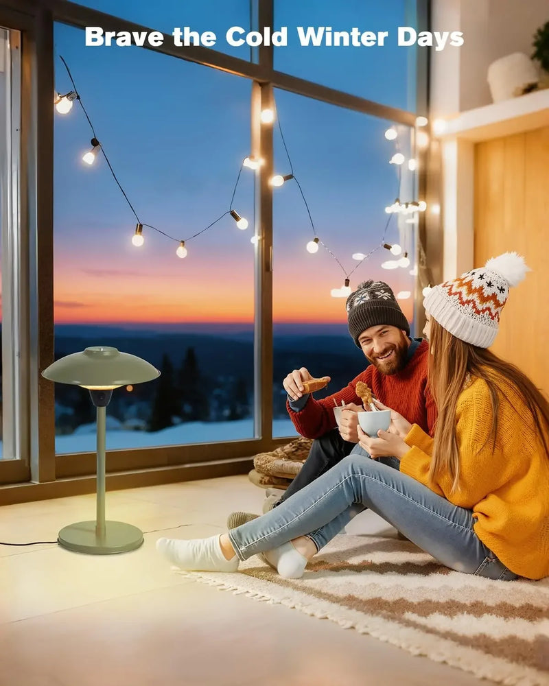 Portable tabletop patio heater warming a couple beside a winter window