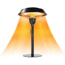 Free-standing tabletop patio heater casting a warm glow from its halogen tube