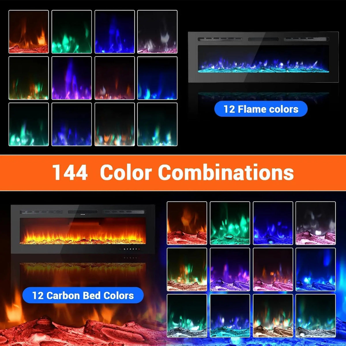 Linear electric fireplace flame colors and ember bed color options