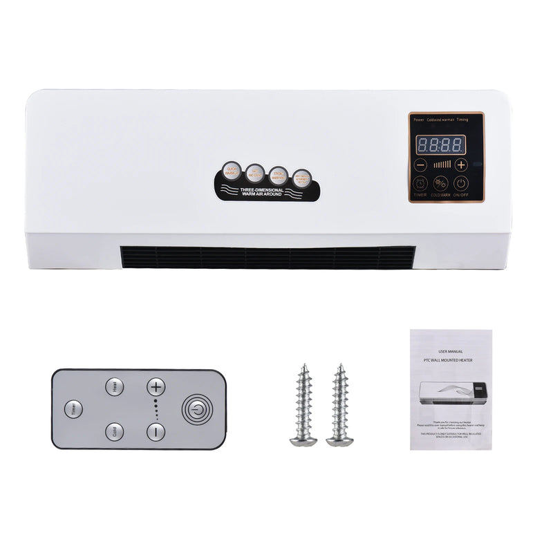 Wall-mounted heater and fan combo supplied with remote control, screws and manual