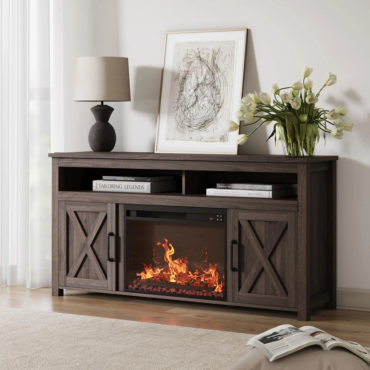 58 Inch Electric Fireplace TV Stand for TVs up to 65 Inch, Farmhouse Media Console Entertainment Center for Living Rooms