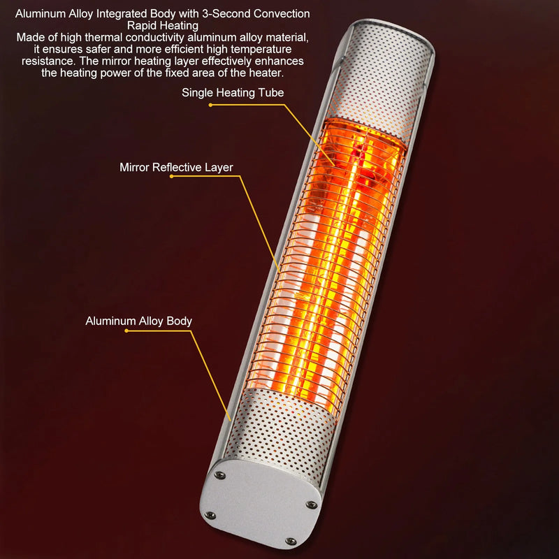 Cutaway diagram of the aluminium-alloy infrared heater showing the single heating tube and mirror reflective layer