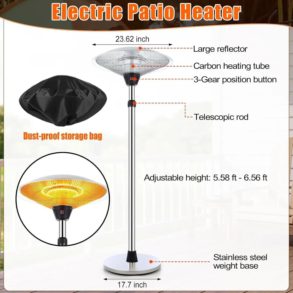 Freestanding stainless steel electric patio heater with dome reflector, view 2