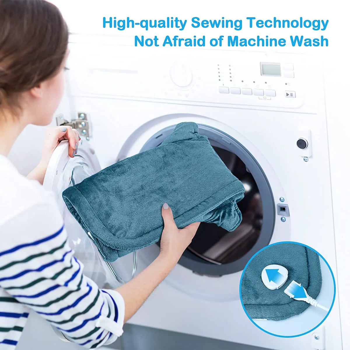 Heated shoulder shawl being placed into a washing machine, machine washable