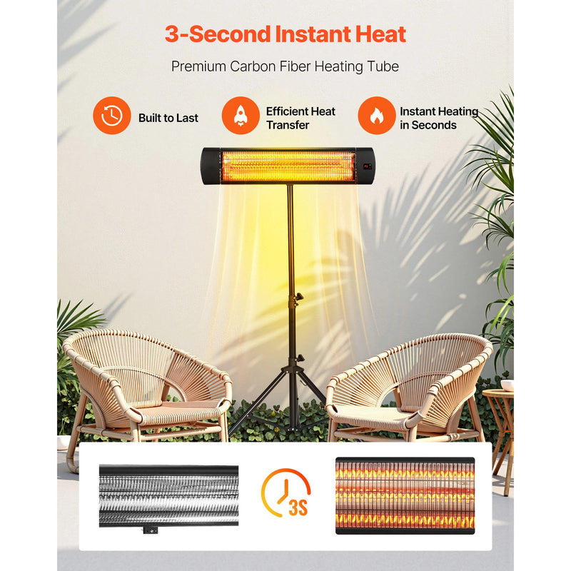 Infrared space heater on its floor stand with carbon fibre heating tube detail