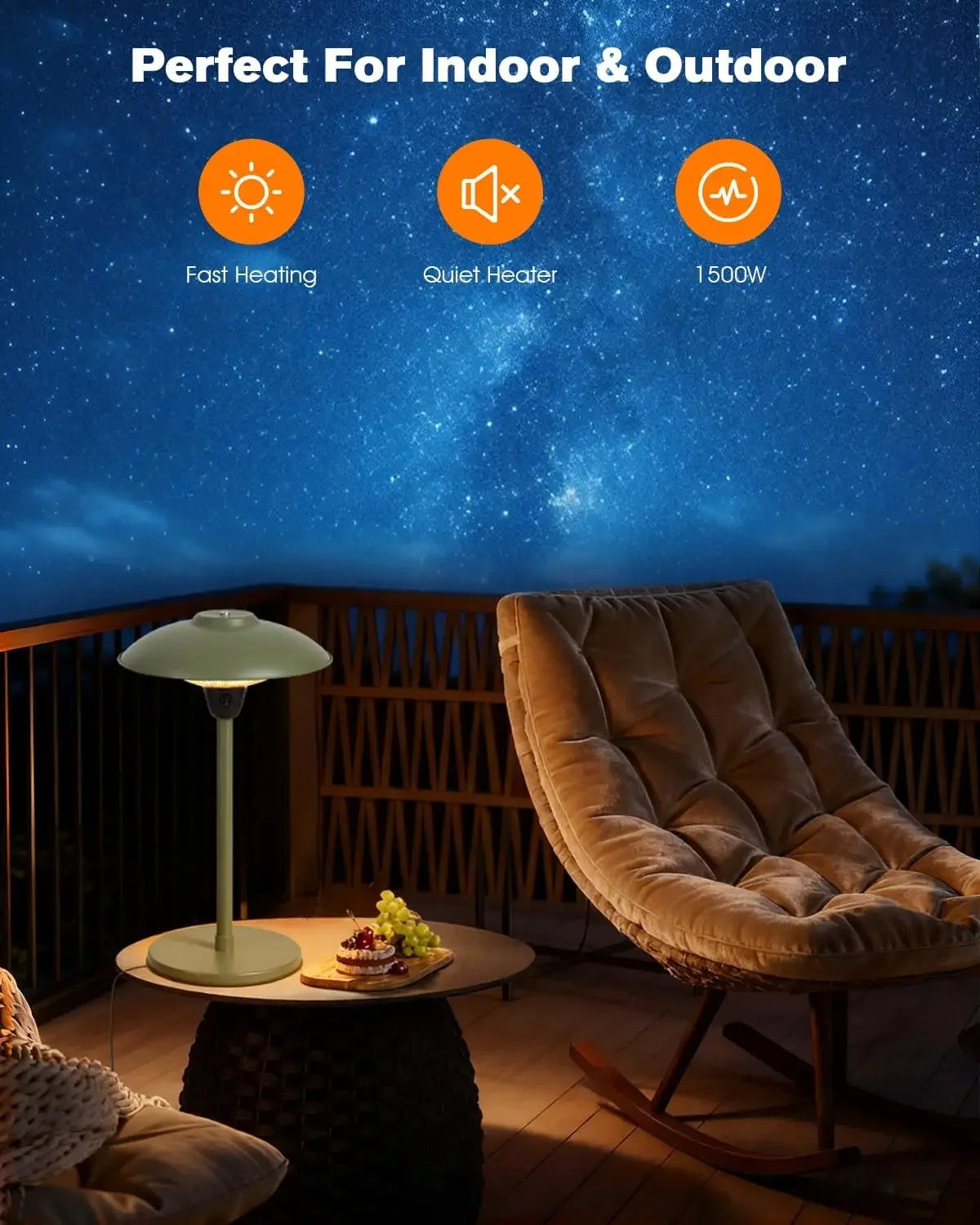 Tabletop patio heater on a terrace at night, with fast heating and quiet operation at 1500W