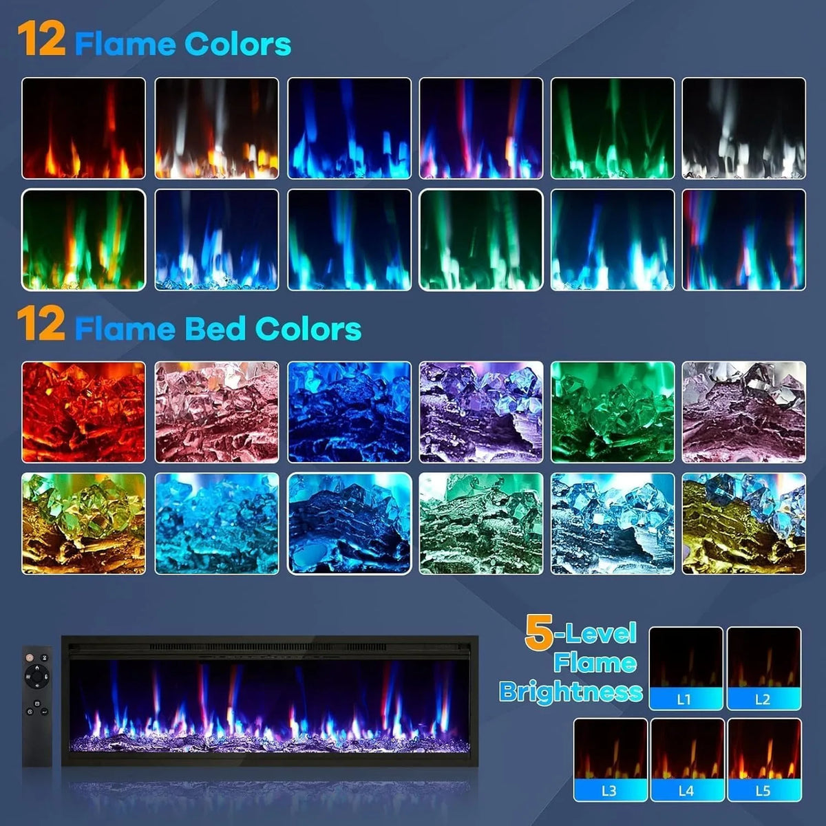 42 inch electric fireplace flame colors, ember bed colors and brightness levels