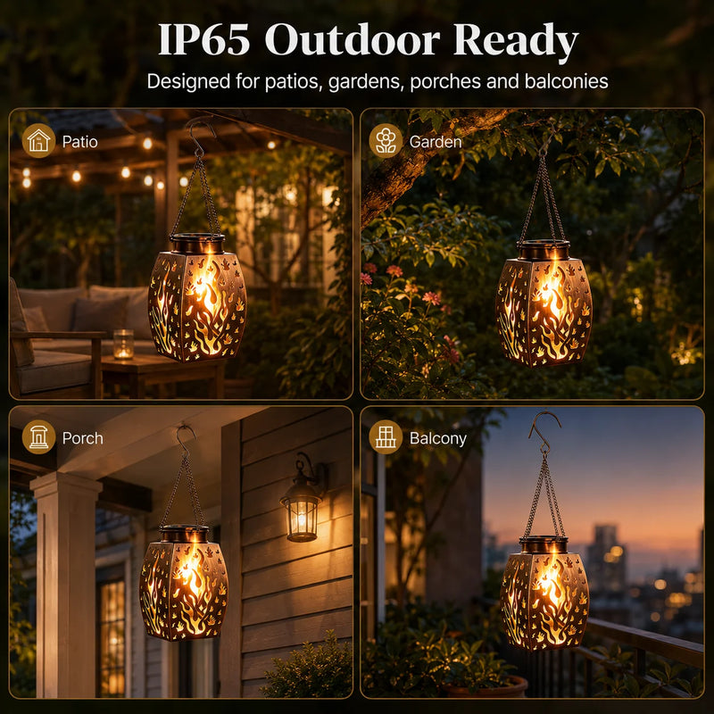 Bronze solar hanging lantern shown charging by day and glowing with a warm flickering flame at night