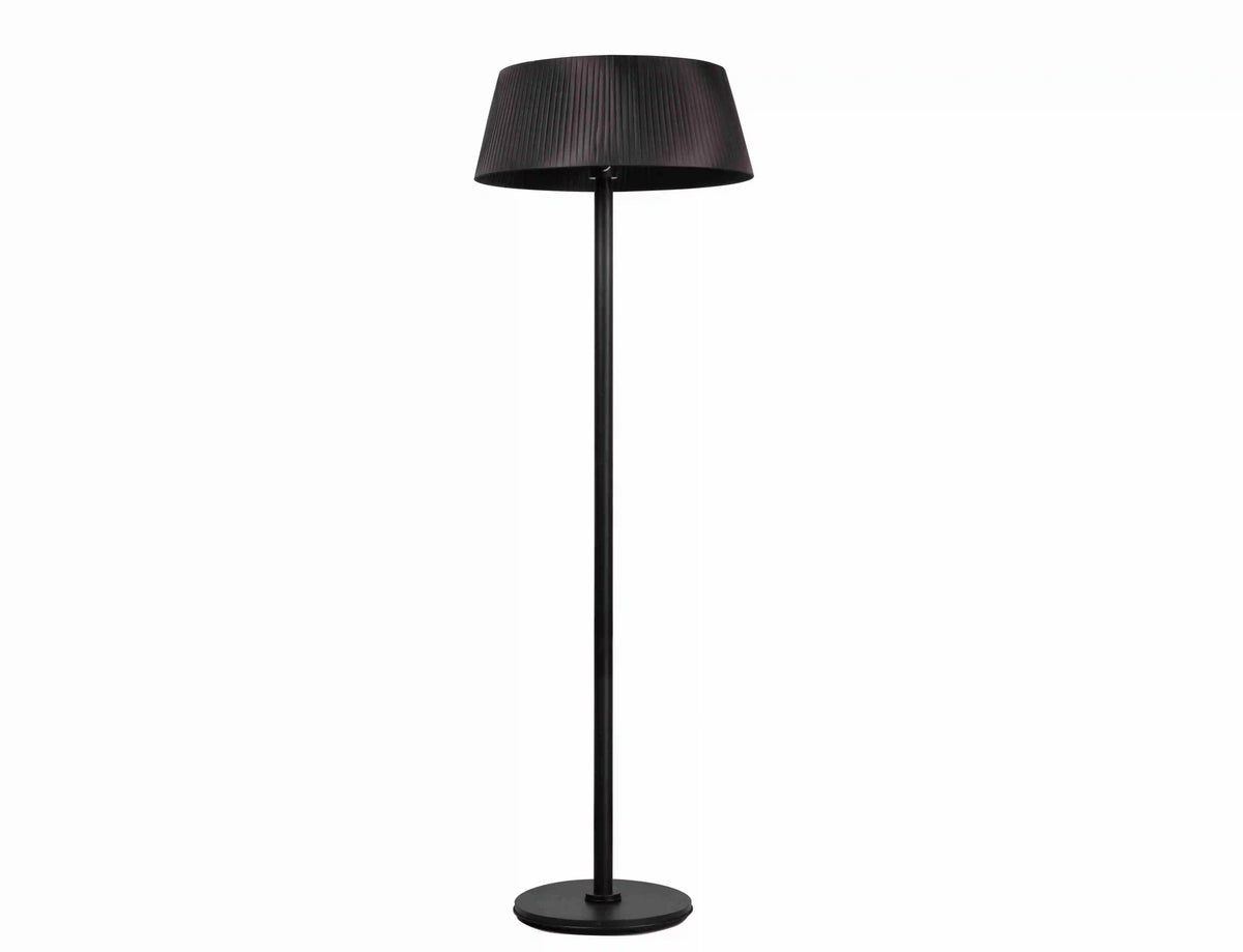 Full view of the modern freestanding patio heater with its slim floor stand