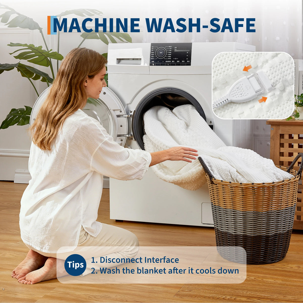 Machine-washable heated throw with the controller disconnected