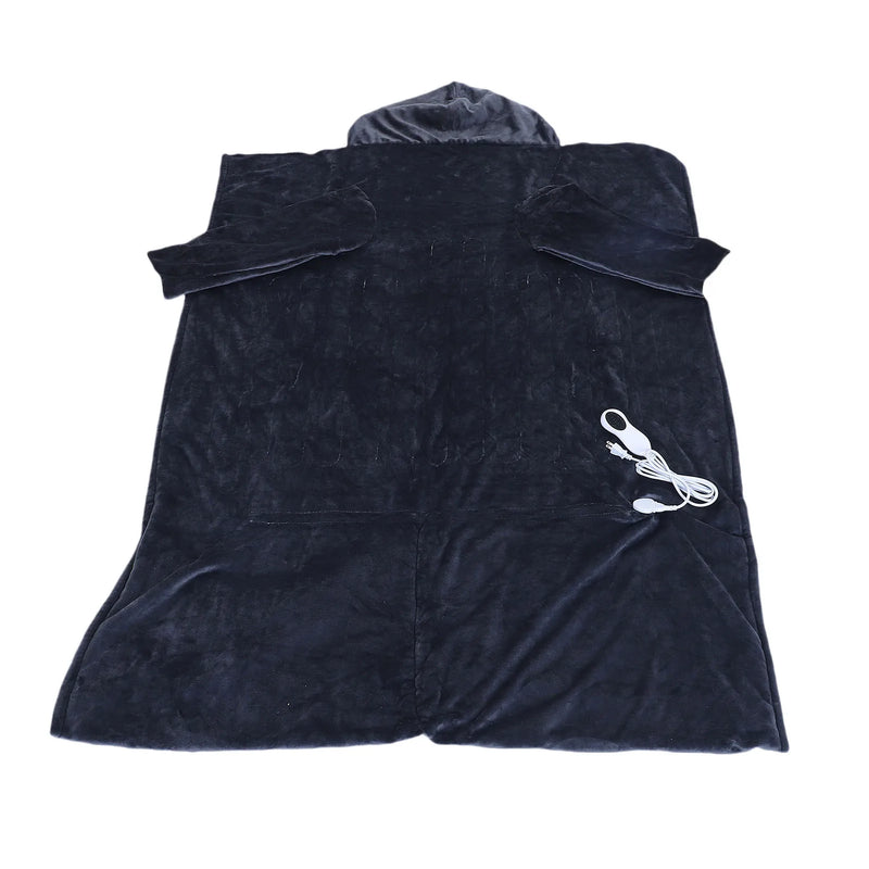 Wearable heated blanket with sleeves, hood and foot pocket